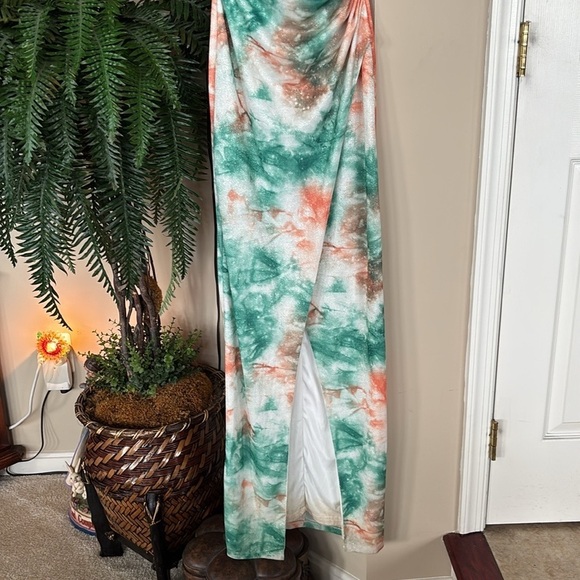 Lulus Lover’s Paradise Metallic Tie Dye Maxi Dress Teal Orange Crisscross Back - Picture 5 of 16